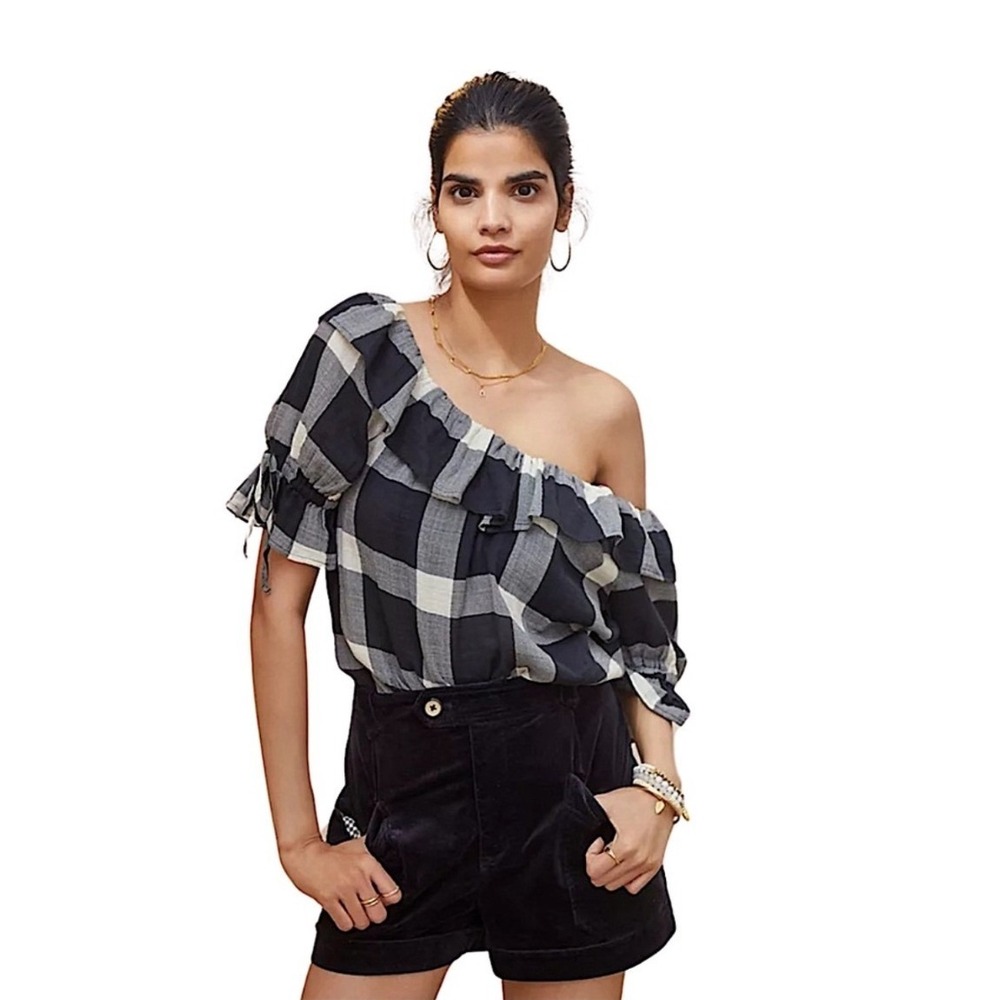Anthropologie Porridge Plaid Black & White Boatneck Ruffle Blouse Top‎ Size M